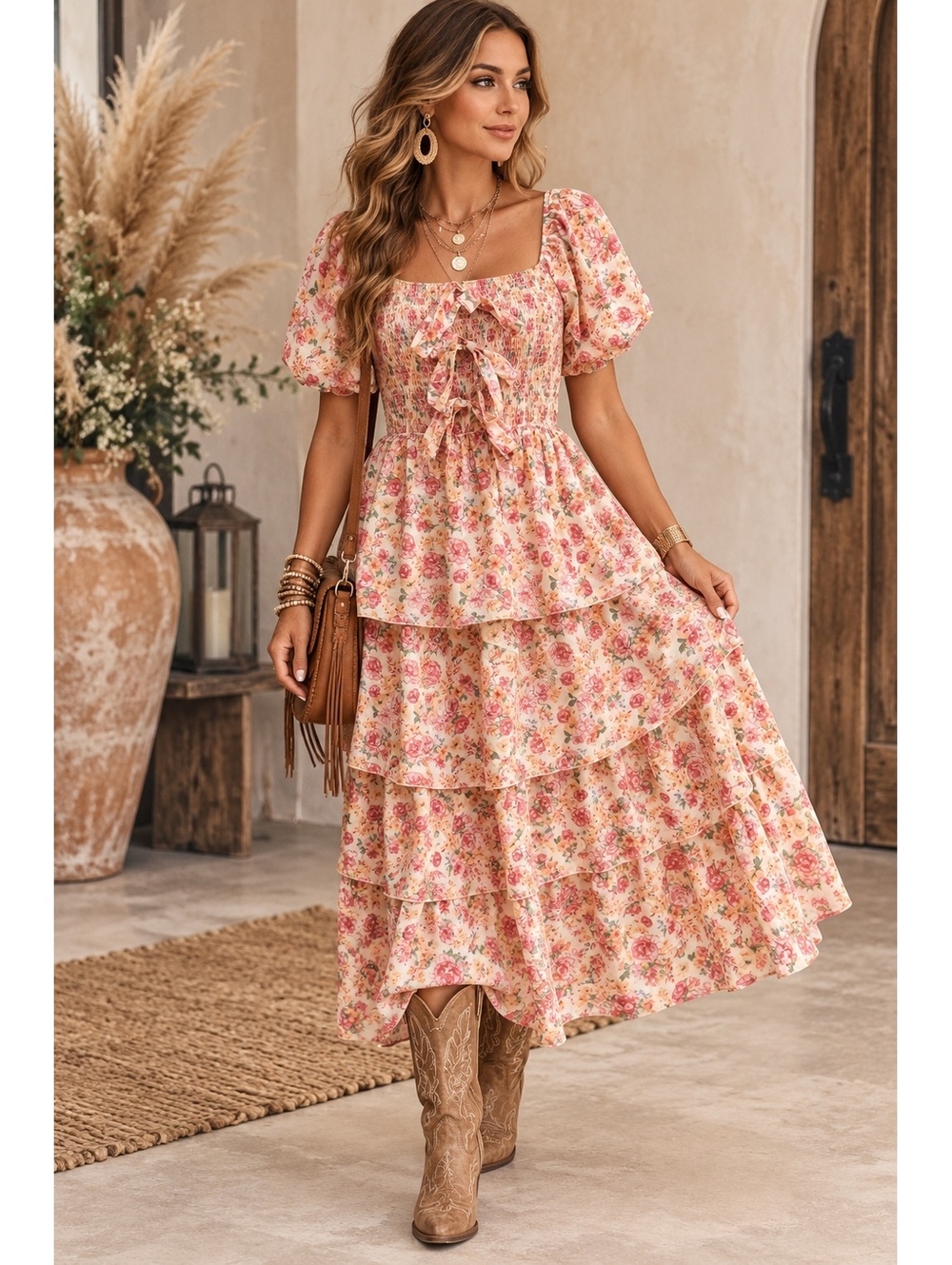 Simply Southern Lucy Floral Boho Western Cottagecore Tiered Midi-Size Large